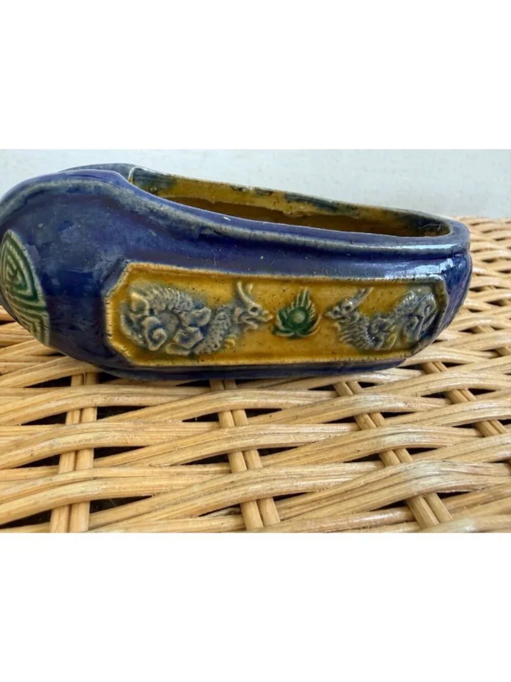 Vintage 1930s Chinese Slipper Shoe AshTray Pottery & brass with enamel
